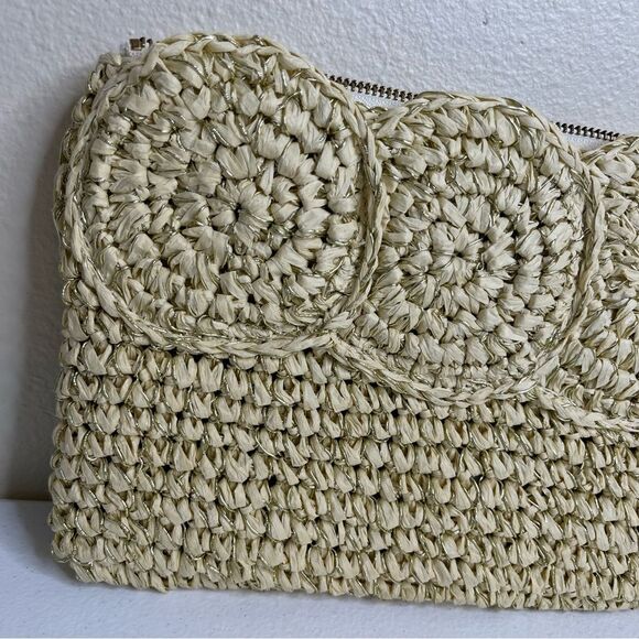 Talbots Paper Straw Gold Metallic Tan Leather Trim Top Zip Clutch Bag Strap - Picture 5 of 11